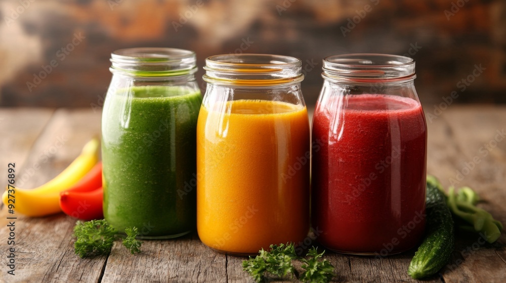 Three mason jars filled with green, orange, and red smoothies stand on a rustic wooden table, showcasing fresh, colorful, and healthy beverage options. Three mason jars filled with green, orange, and red smoothies stand on a rustic wooden table, showcasing fresh, colorful, and healthy beverage options.