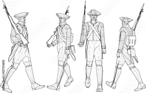 Vector sketch illustration of the design of soldiers in royal era uniforms lining up to prepare for war holding rifles