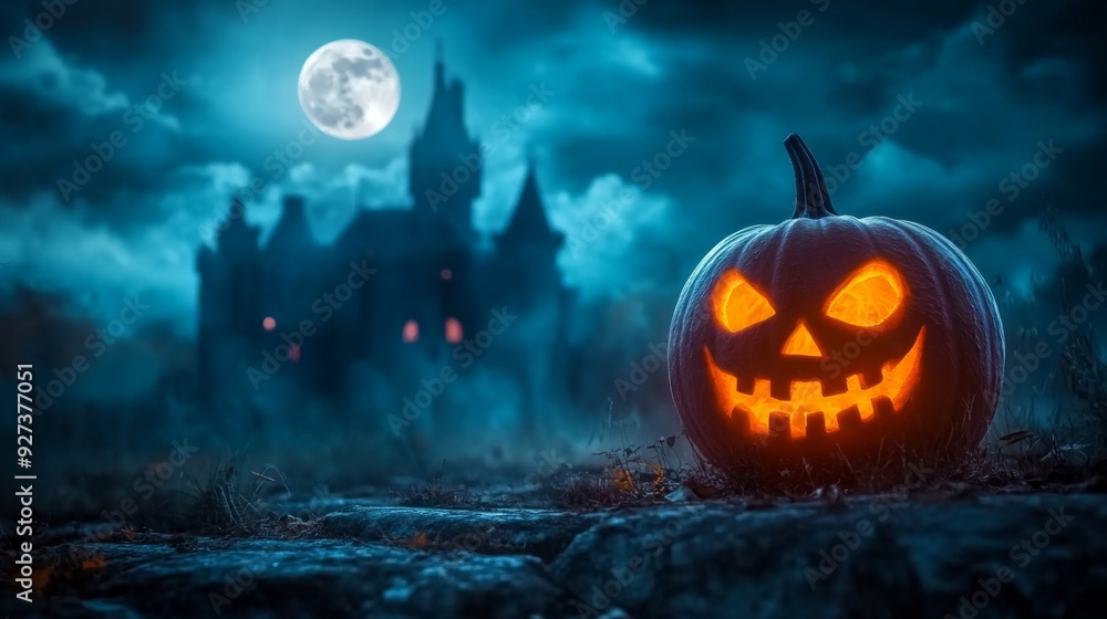 This eerie image showcases a glowing jack-o'-lantern with a sinister grin, set against a dark, foggy night with a haunted castle and full moon in the background. This eerie image showcases a glowing jack-o'-lantern with a sinister grin, set against a dark, foggy night with a haunted castle and full moon in the background.