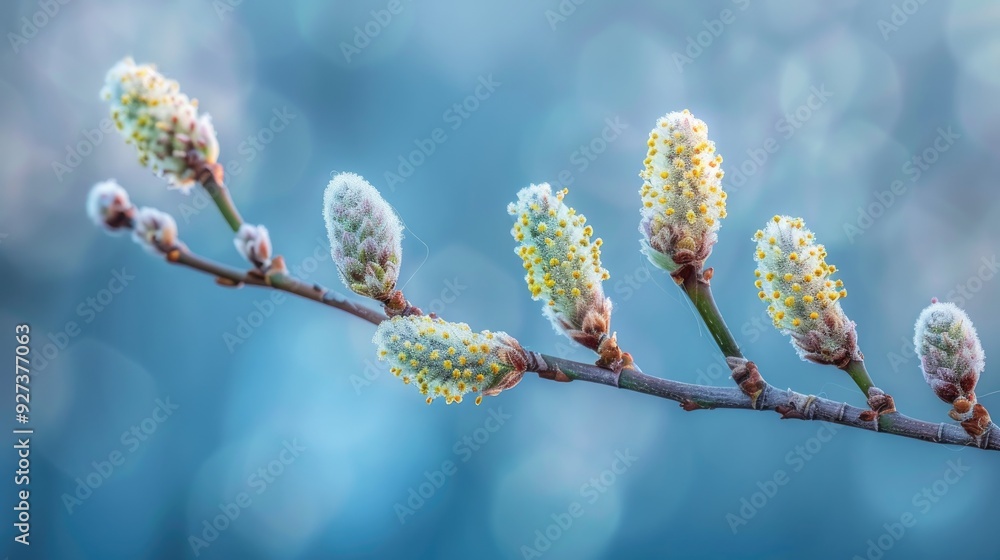 Catkins of Salix Caprea in Spring on a Blue Background