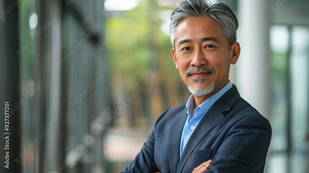 Portrait of happy mature Asian businessman standing with arms crossed. Portrait of happy mature Asian businessman standing with arms crossed.