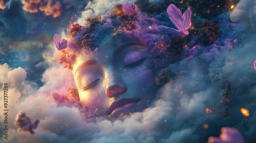 Fototapeta premium An imaginative and vibrant scene depicting purple flowers amidst colorful clouds and stardust, evoking a sense of magic and fantasy within an otherworldly sky.
