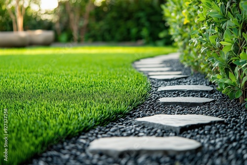 Charming close-up of a lush garden lawn with stepping stones beside manicured shrubs at midday