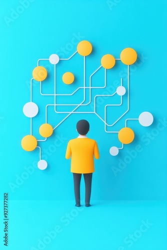 A person stands in front of a complex network of yellow and white dots connected by lines on a blue background, symbolizing decision-making.