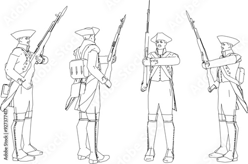 Vector sketch illustration design of soldiers in royal uniforms preparing for war holding rifles