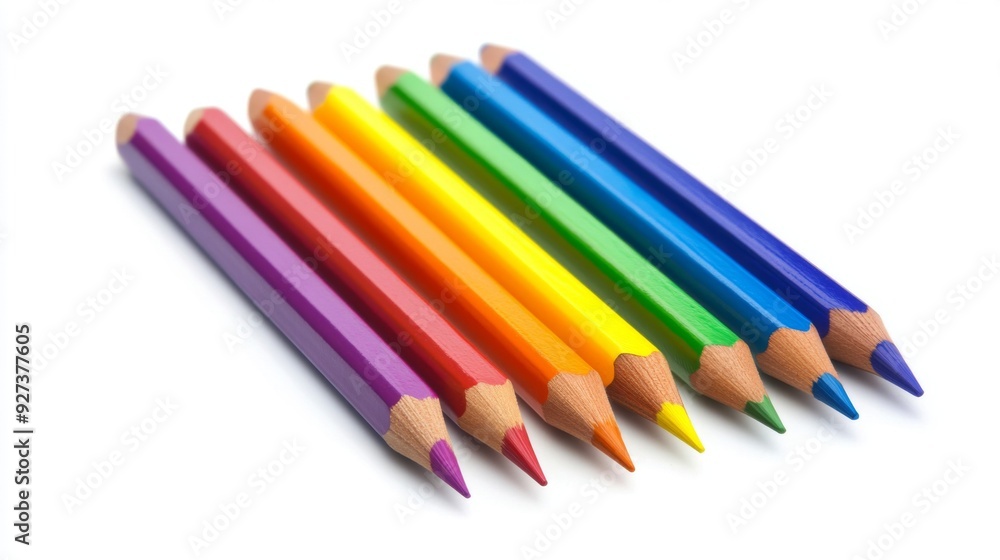 This image showcases eight colored pencils neatly arranged in the order of the rainbow, displaying vibrant reds, oranges, yellows, greens, blues, and purples on a white backdrop. This image showcases eight colored pencils neatly arranged in the order of the rainbow, displaying vibrant reds, oranges, yellows, greens, blues, and purples on a white backdrop.