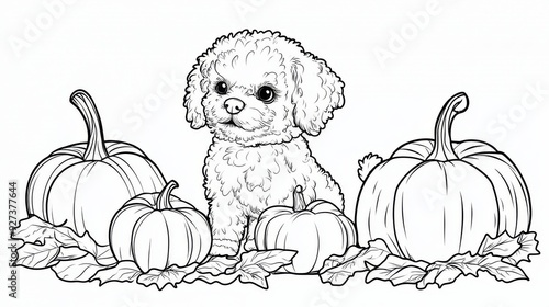 This image is a black and white illustration of a cute puppy surrounded by pumpkins and autumn leaves, making it a delightful and engaging coloring page for children.