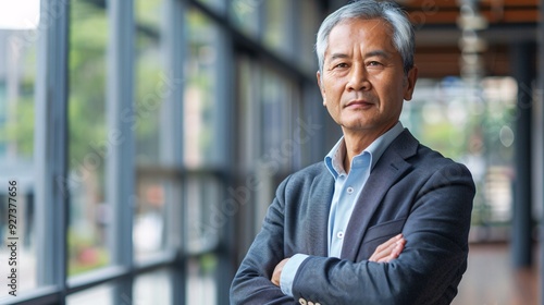 Portrait of happy mature Asian businessman standing with arms crossed.