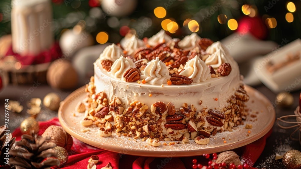 Naklejka premium Cake with nuts on a red background for New Year celebration