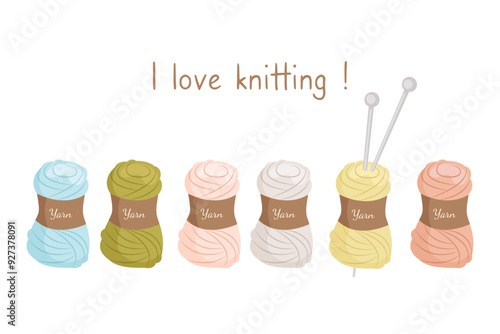 Knitting kit. Set of six multicolored skeins of yarn, spokes. Handmade and hobby concept. Illustration for design of business cards, flyers, websites, banners, knitting studio. Vector.