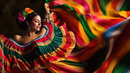 A beautiful Mexican dancer performing in a traditional dress, with the colorful fabric in motion, embodying the spirit of Cinco de Mayo