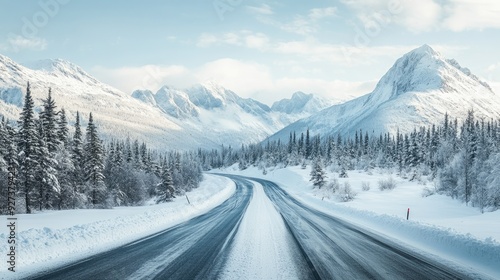 A serene winter scene with a snowy road winding through a mountain range, capturing the quiet beauty of winter landscapes and remote travel destinations.