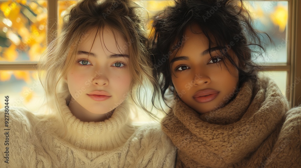 Portrait of two young women with different skin tones wearing cozy knit sweaters, posing together in a warm autumn setting, highlighting friendship and diversity