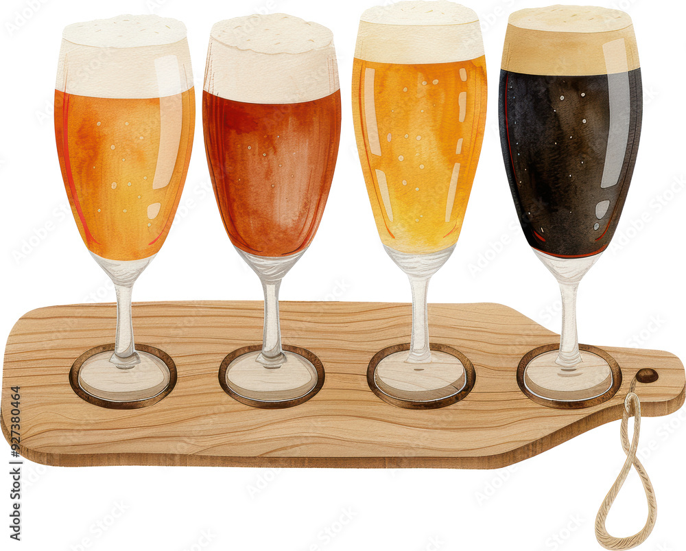 A colorful flight of craft beers showcasing four distinct styles on a wooden paddle, perfect for beer tasting events. A colorful flight of craft beers showcasing four distinct styles on a wooden paddle, perfect for beer tasting events.