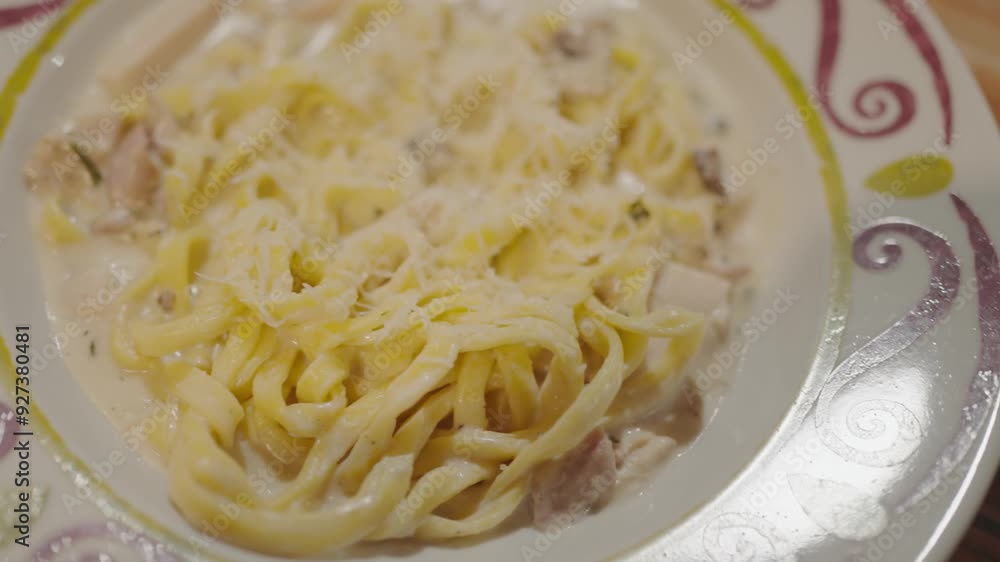 Italian pasta. Spaghetti Carbonara Cheese Parmesan White Bowl Close Up. Food at a restaurant. Cooking fettuccine pasta. Italian Cuisine. Food background. Tasty food. Spaghetti cabonara ham cheese. Italian pasta. Spaghetti Carbonara Cheese Parmesan White Bowl Close Up. Food at a restaurant. Cooking fettuccine pasta. Italian Cuisine. Food background. Tasty food. Spaghetti cabonara ham cheese.