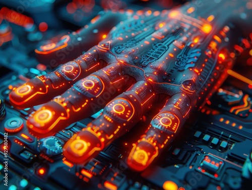 Cybernetic Hand on a Technological Surface
