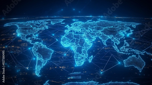 Digital map of the world with blue light connections,  global connectivity and technology. Dark background, glowing lines connecting  continents. 