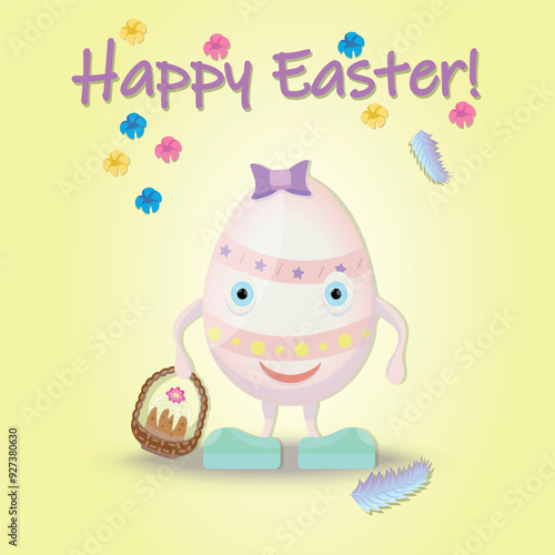 Cartoon character, decorated easter egg with small basket and easter cake in his hand, happy easter holiday