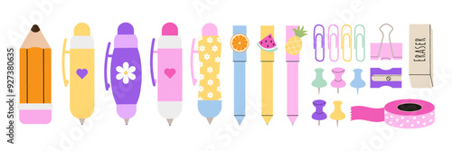 Set of school supplies. Back to school. Pen, pencil, paperclip, pin, sharpener, eraser, decorative colored tape.  Vector illustration in a flat style.