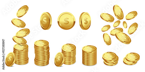 Big set of realistic gold dollar coins. Vector 3d illustration isolated on white background
