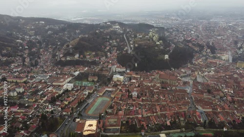 High angle view of Brasov City during foggy weather, Brasov, Romania