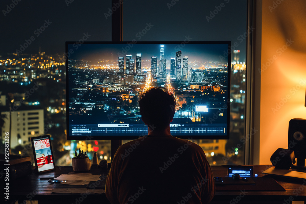 young man editor is editing video timeline is seated in front of a computer monitor for photos and videos young man editor is editing video timeline is seated in front of a computer monitor for photos and videos