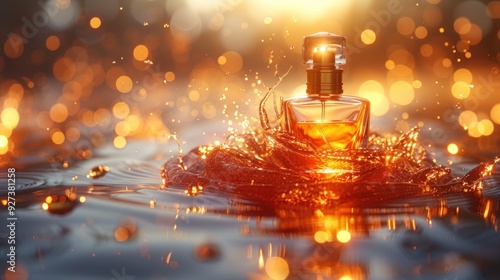 Perfume Bottle Splashing in Golden Water