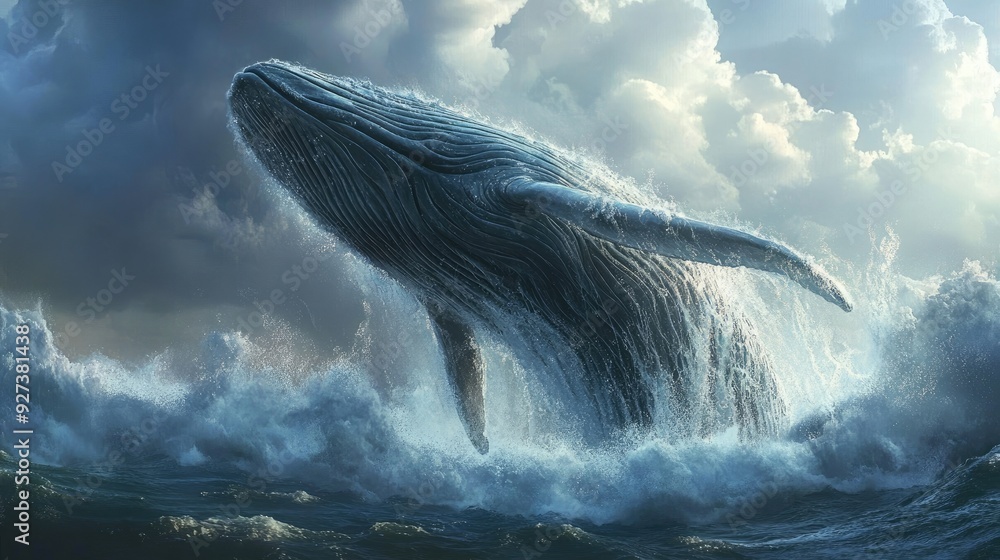 A whale breaching the surface of the ocean, its massive body creating a ...