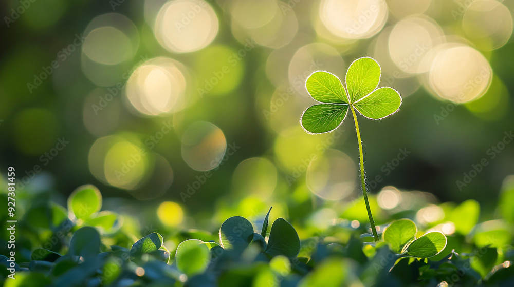 A four-leaf clover growing in the garden, with a green background, blurred light and shadow, sunlight shining on it. Macro photography, high-definition photography, suitable for use as a wallpaper or A four-leaf clover growing in the garden, with a green background, blurred light and shadow, sunlight shining on it. Macro photography, high-definition photography, suitable for use as a wallpaper or