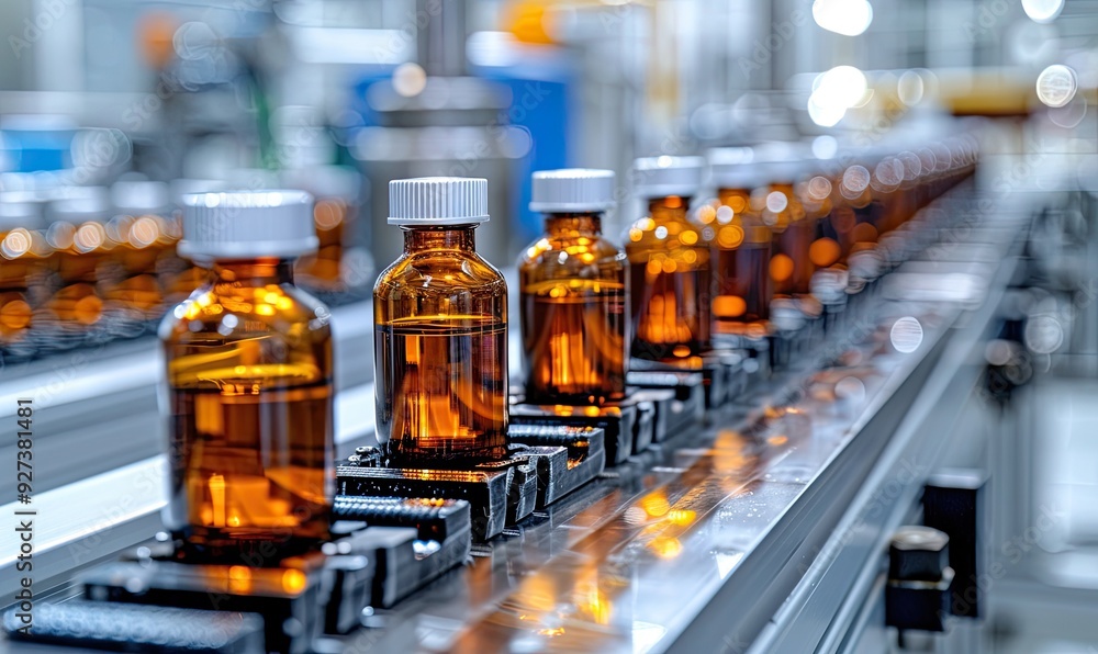Pharmaceutical glass bottles on a production line at a factory, with machines working on the assembly line. Pharmaceutical glass bottles on a production line at a factory, with machines working on the assembly line.