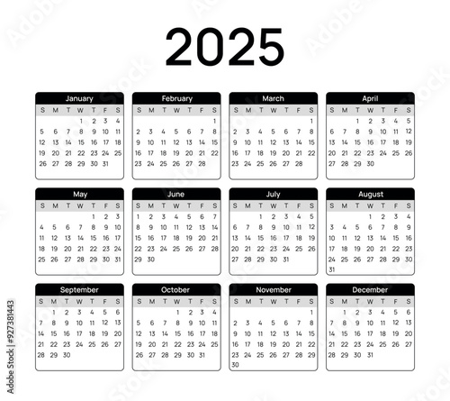 Annual calendar template for 2025 year. Week Starts on Sunday. Business calendar in a minimalist style for 2025 year.