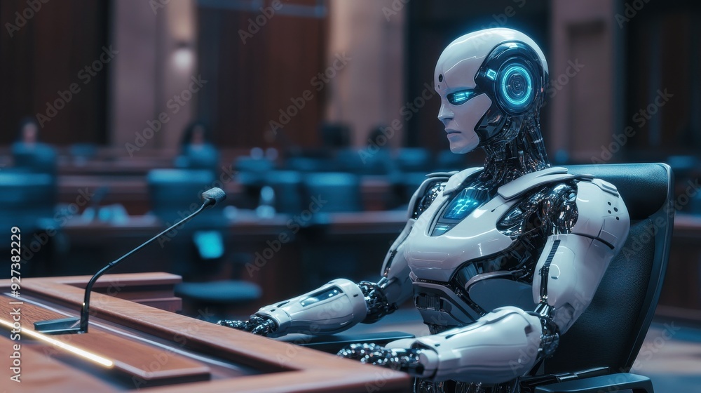 A robot is sitting at a desk in a room with a microphone A robot is sitting at a desk in a room with a microphone
