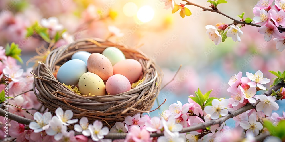 Easter background with pastel colored eggs in a wicker nest surrounded by spring blossoms, Easter, background, pastel Easter background with pastel colored eggs in a wicker nest surrounded by spring blossoms, Easter, background, pastel