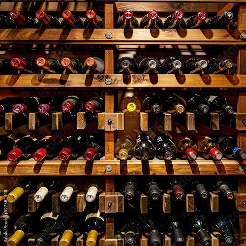 A wooden wine rack displaying various bottles of wine in an organized manner.