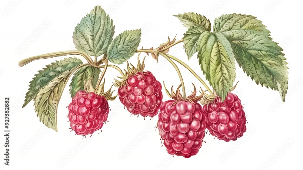 A close-up of a raspberry branch with four ripe raspberries and green leaves. A close-up of a raspberry branch with four ripe raspberries and green leaves.