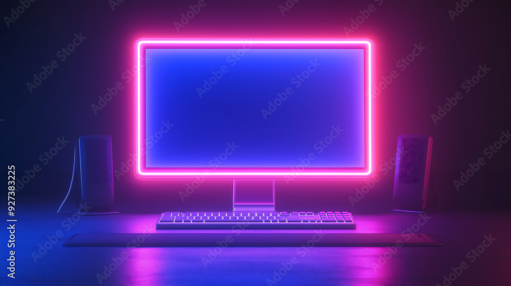 neon blue and pink frame surrounds an empty computer screen, placed on a table with a keyboard in front of it, against a dark background neon blue and pink frame surrounds an empty computer screen, placed on a table with a keyboard in front of it, against a dark background