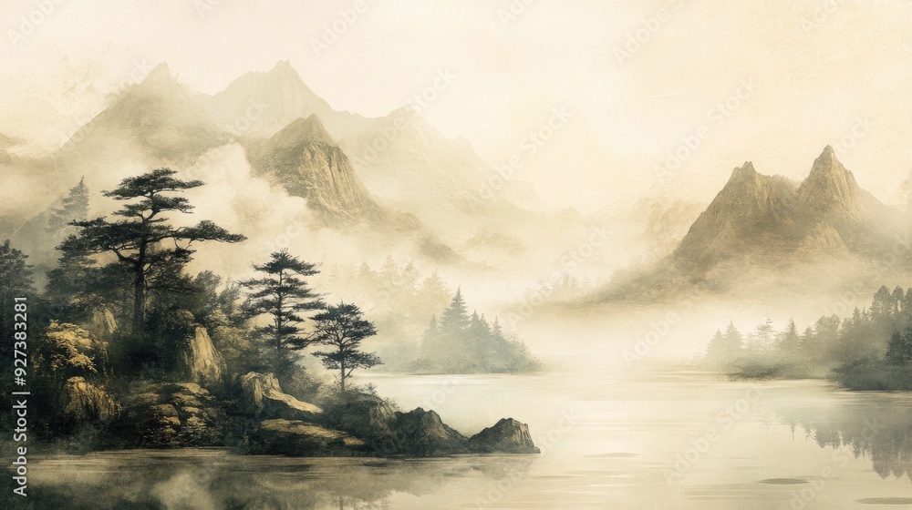 Traditional Asian scroll painting depicting misty mountains, serene rivers, and ancient trees, rendered in minimalistic color and fine brushstrokes. Traditional Asian scroll painting depicting misty mountains, serene rivers, and ancient trees, rendered in minimalistic color and fine brushstrokes.