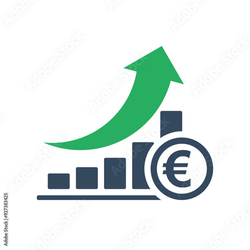 bar chart with rising exponential trend and green arrow, euro positive economic dynamic concept, european currency increase exchange rate indicator
