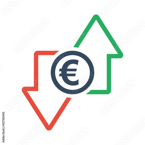euro coin with green up and red down arrows, tax or inflation indicator, price or income vector outline icon