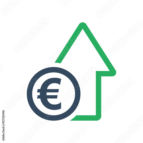 euro coin and green arrow, positive economic dynamic concept, european union currency increase exchange rate indicator