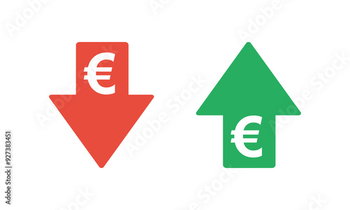euro sign with green up and red down arrows, tax or inflation indicator, price or income vector icon