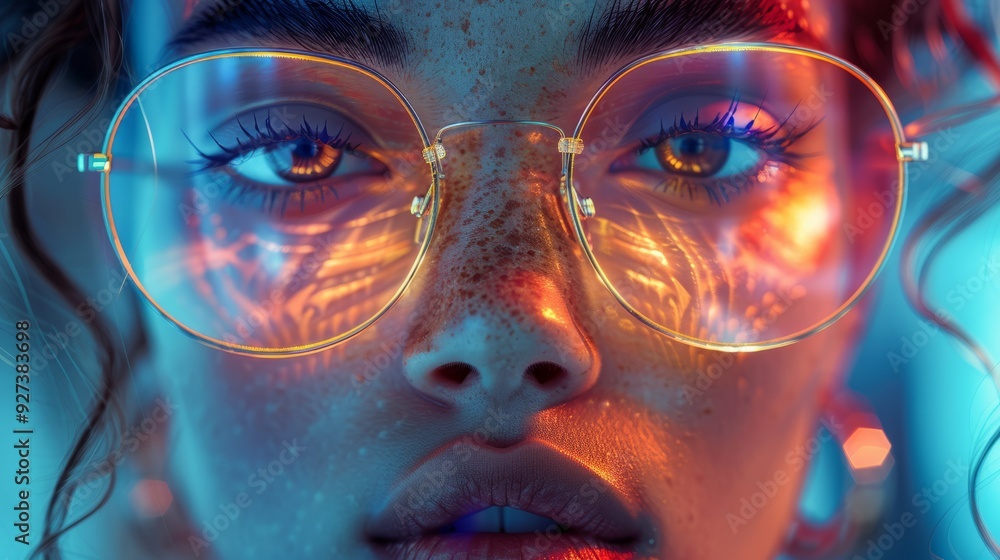 a woman wearing glasses with the reflections on it a woman wearing glasses with the reflections on it