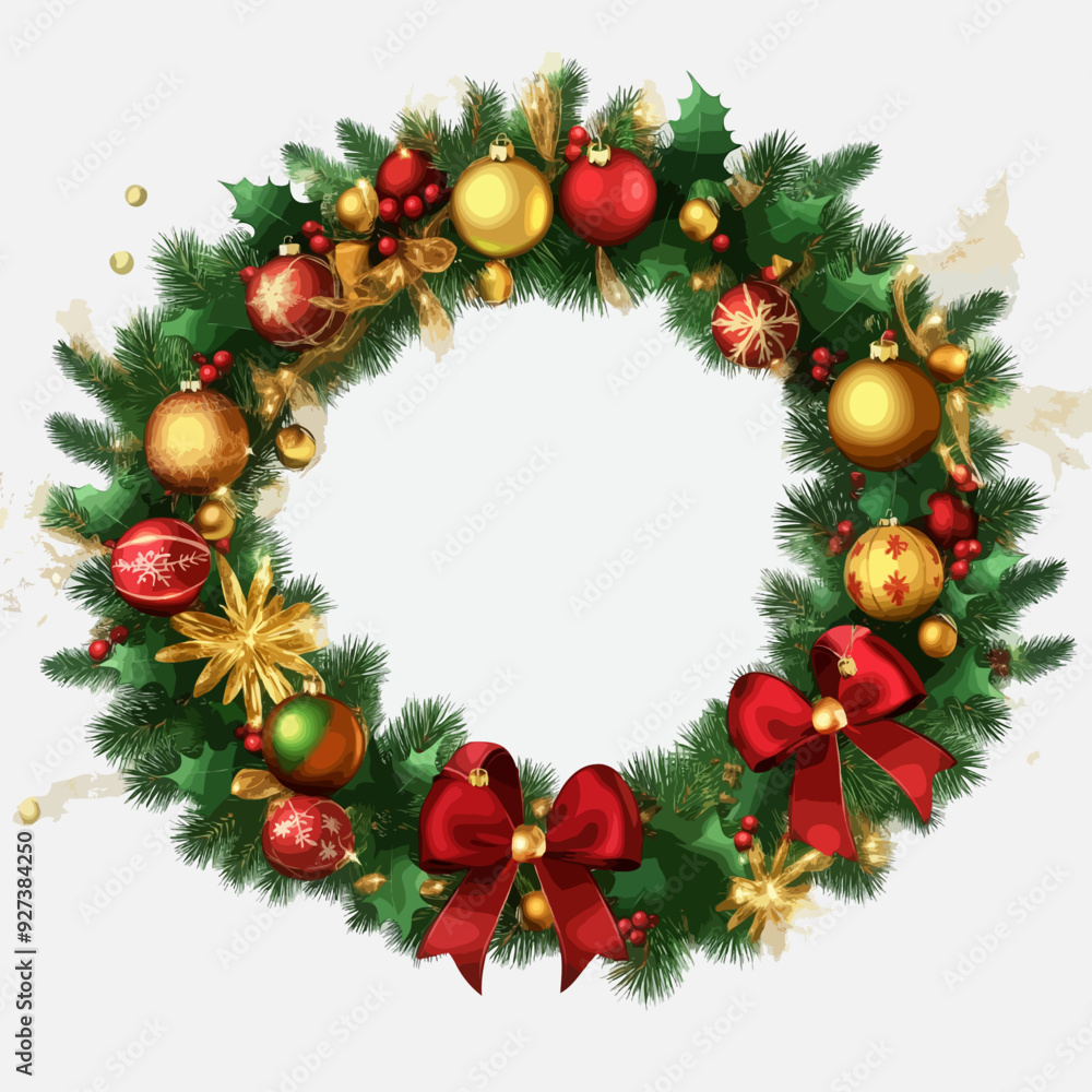 Festive Christmas wreath adorned with red bows, golden ornaments, and green holly leaves, perfect for holiday decorations, invitations, and seasonal greetings Festive Christmas wreath adorned with red bows, golden ornaments, and green holly leaves, perfect for holiday decorations, invitations, and seasonal greetings