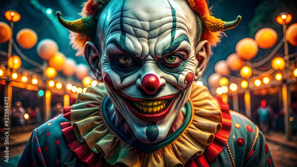 extreme close up of scary clown with yellow teeth and scary grin in alley with shadows and tense, disturbing halloween atmosphere extreme close up of scary clown with yellow teeth and scary grin in alley with shadows and tense, disturbing halloween atmosphere