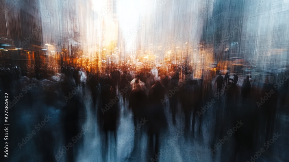 Fototapeta premium Blurred Cityscape with Silhouetted Figures in Motion