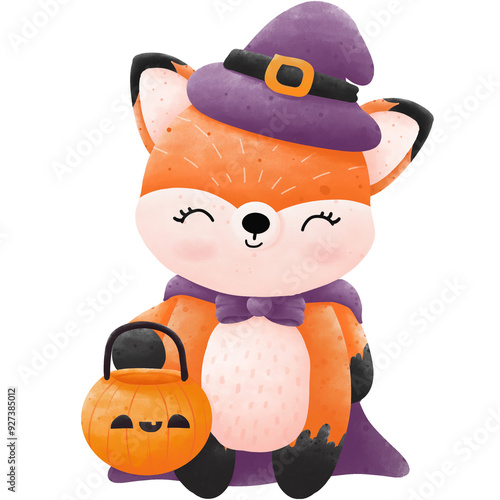 Watercolor hand drawn cartoon image of a fox holding a pumpkin basket during Halloween.