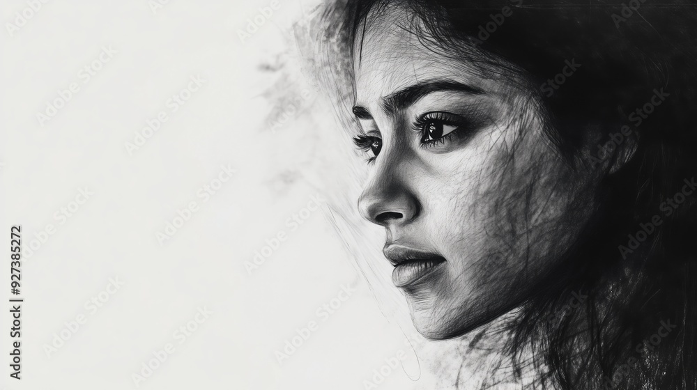 Realistic charcoal sketches of a young woman capturing deep emotions and subtle expressions Realistic charcoal sketches of a young woman capturing deep emotions and subtle expressions