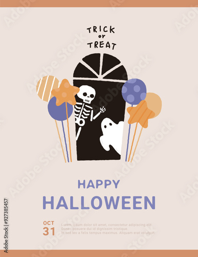 Halloween hand drawn illustration poster with costume character and balloon.