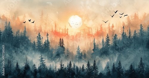 A watercolor illustration of a foggy forest landscape in winter, with an abstract graphic style.