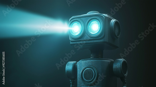 Photograph of a robot with two glowing eyes emitting light beams, symbolizing artificial intelligence and the future, in the style of realistic photography